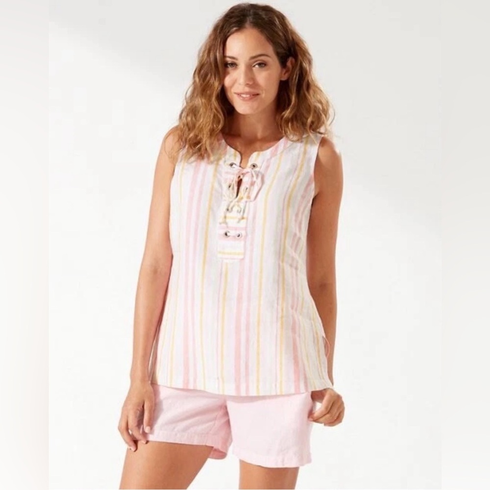 Tommy Bahama 100% Linen Sleeveless Striped Blouse Top Size LG Pink Orange Casual